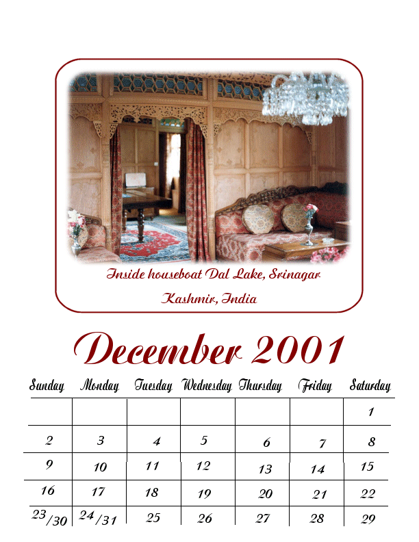 Calendar variation 5 Inside houseboat Dal Lake, Srinagar, Kashmir, India