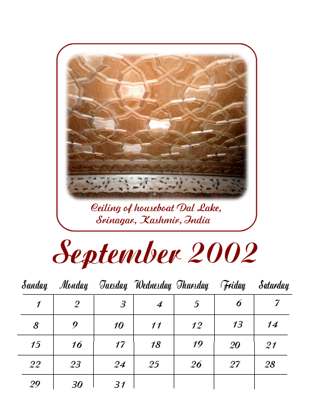 Calendar variation 14 Carved cedar ceiling of houseboat Dal Lake, Srinagar, Kashmir, India