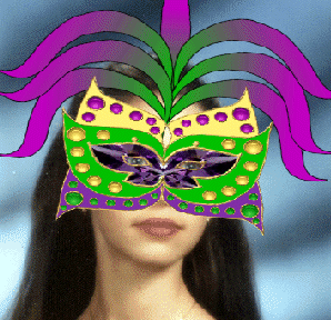Maryhelen in a Mardi Gras mask