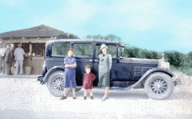 Colored version of the negative picture of a 1929 car.